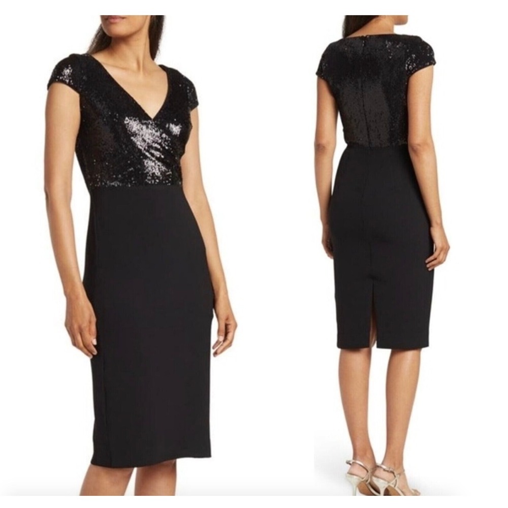 Dress The Population Black Sequin Jaleah Surplice Cap Sleeve Sheath Dress Size S
